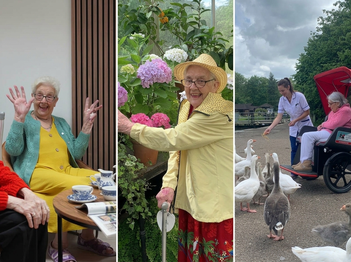 Residents enjoying tea, gardening and an outing at Auditcare